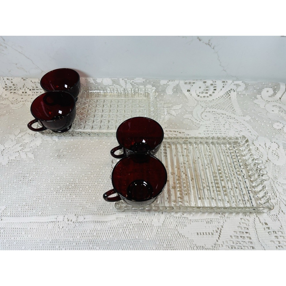 Mid Century Serva-Snack Trays Ruby Red Cups Set w Box 1950s Vintage
